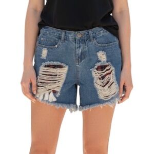 POL Stagecoach Denim Boho Tassels Plaid Pockets Jean Shorts Distressed